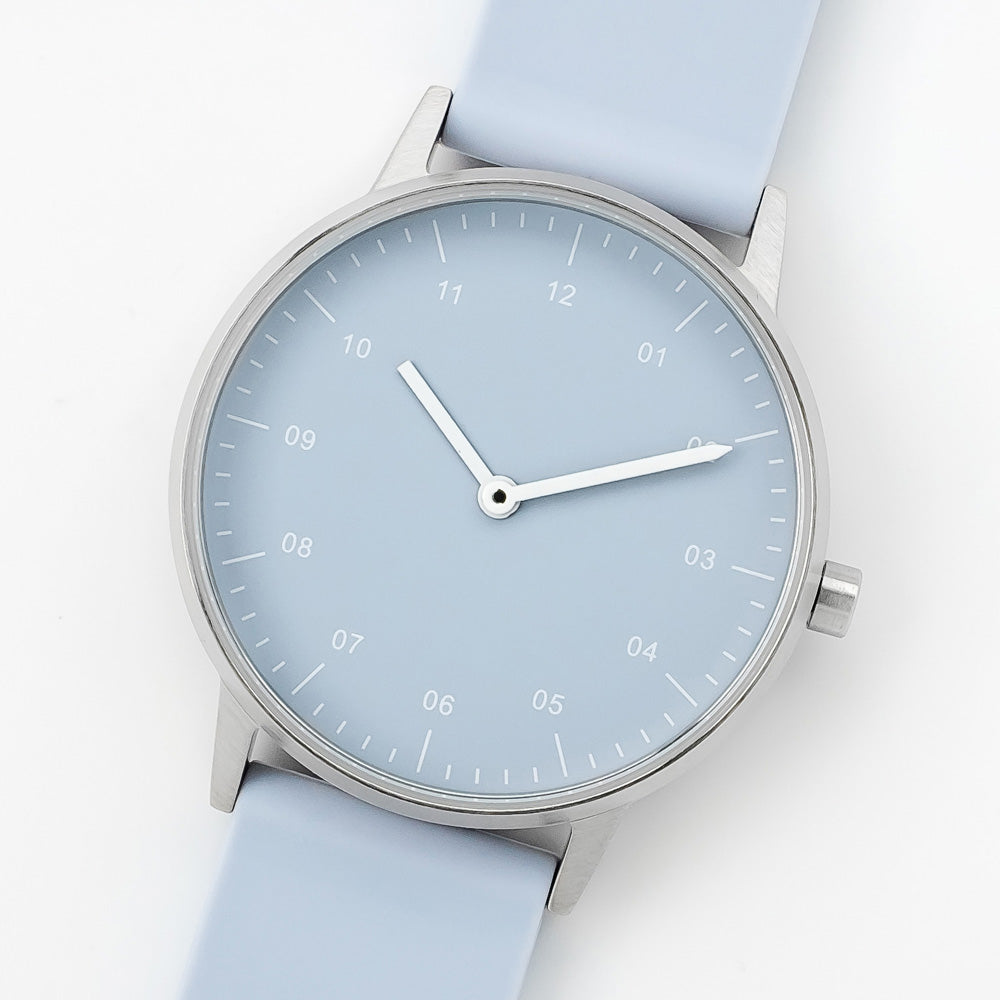 B40 Watch, Silver Case, Dusty Blue Dial, Rubber Strap - Dusty Blue