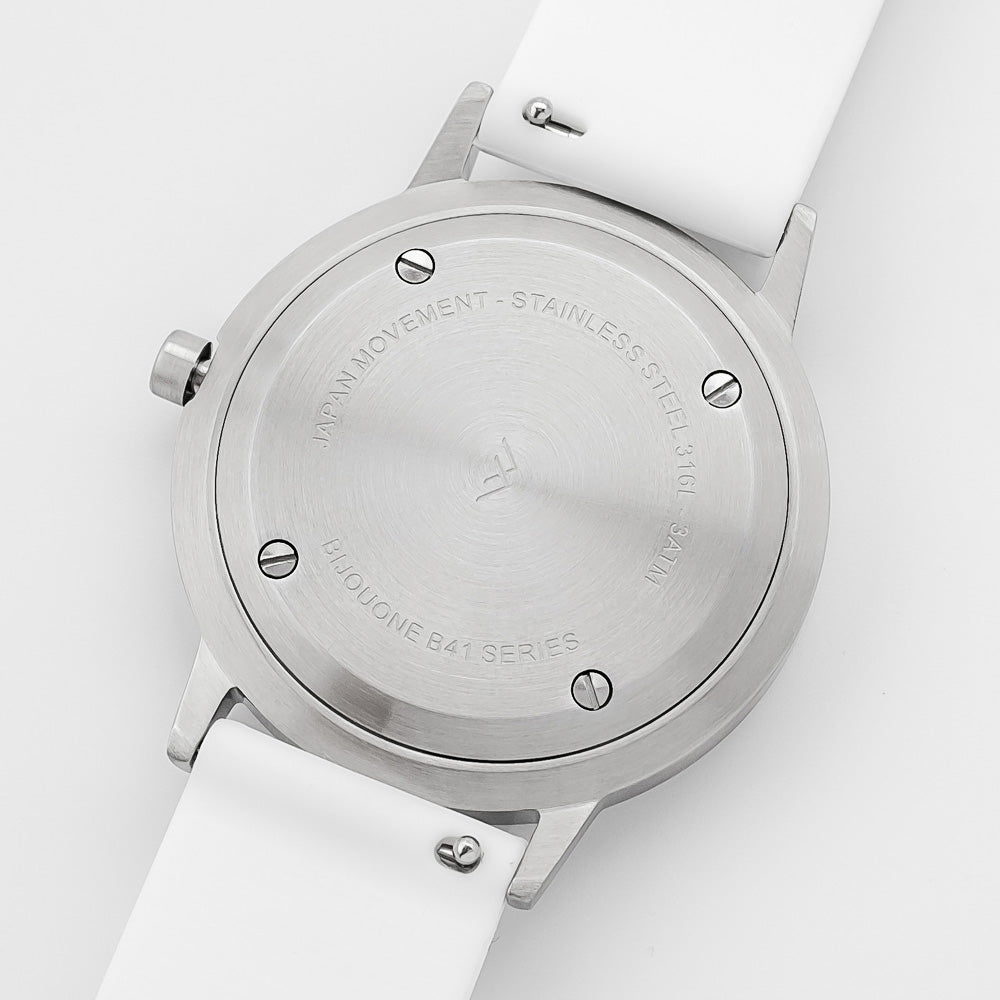 B40 Watch, Silver Case, Green Dial, Rubber Strap - White