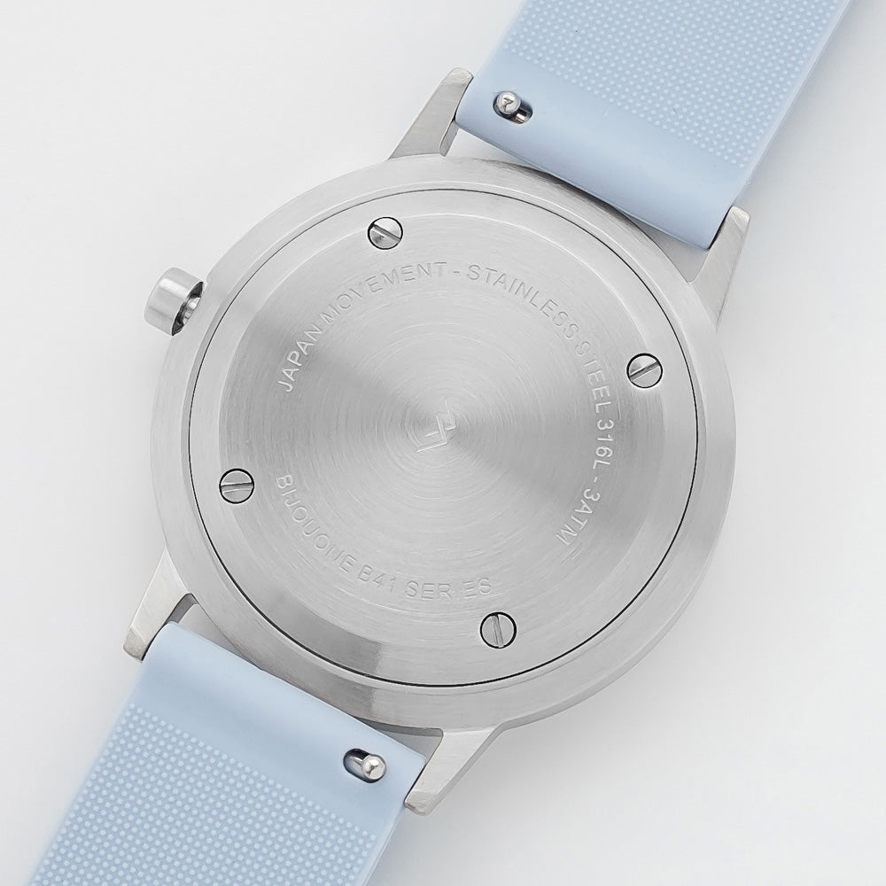 B40 Watch, Silver Case, Dusty Blue Dial, Rubber Strap - Dusty Blue