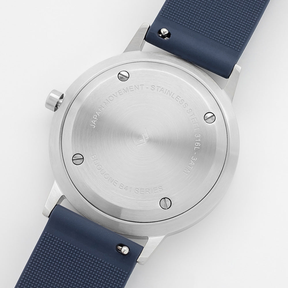 B40 Watch, Silver Case, Classic Blue Dial, Rubber Strap - Midnight Blue