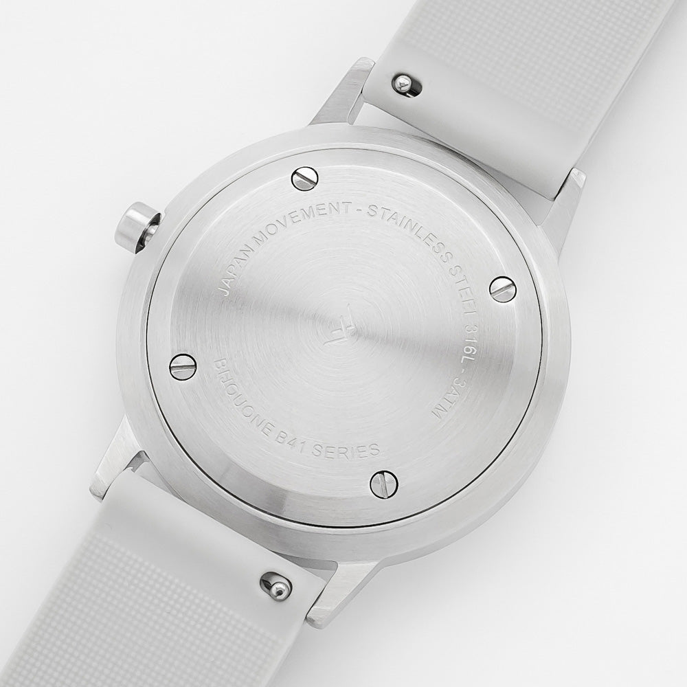 B40 Watch, Silver Case, Dusty Blue Dial, Rubber Strap - Light Gray