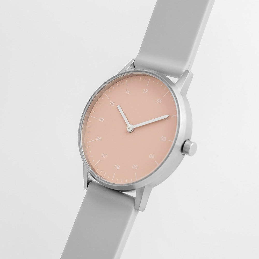 B40 Watch, Silver Case, Nude Pink Dial, Rubber Strap - Light Gray