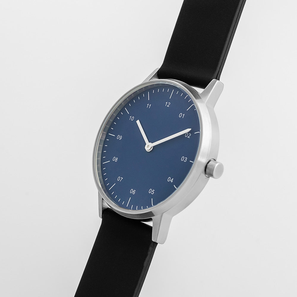 B40 Watch, Silver Case, Classic Blue Dial, Rubber Strap - Black