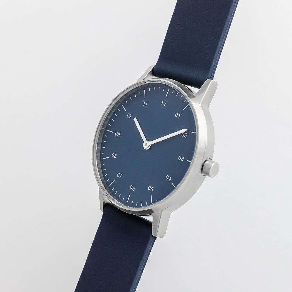 B40 Watch, Silver Case, Classic Blue Dial, Rubber Strap - Midnight Blue