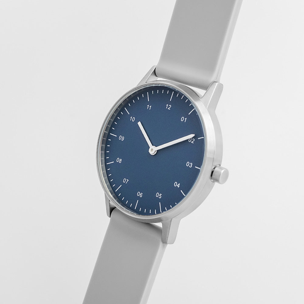 B40 Watch, Silver Case, Classic Blue Dial, Rubber Strap - Light Gray