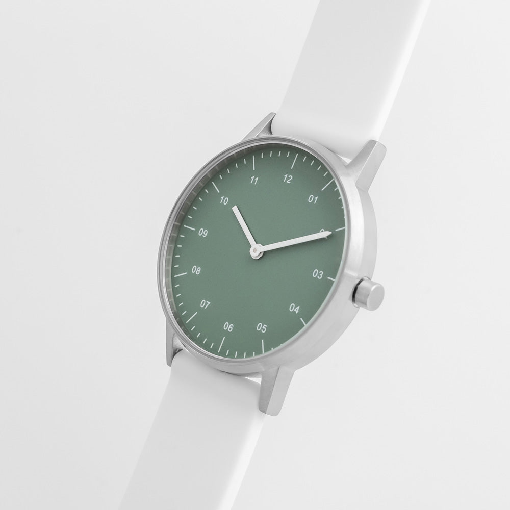 B40 Watch, Silver Case, Green Dial, Rubber Strap - White