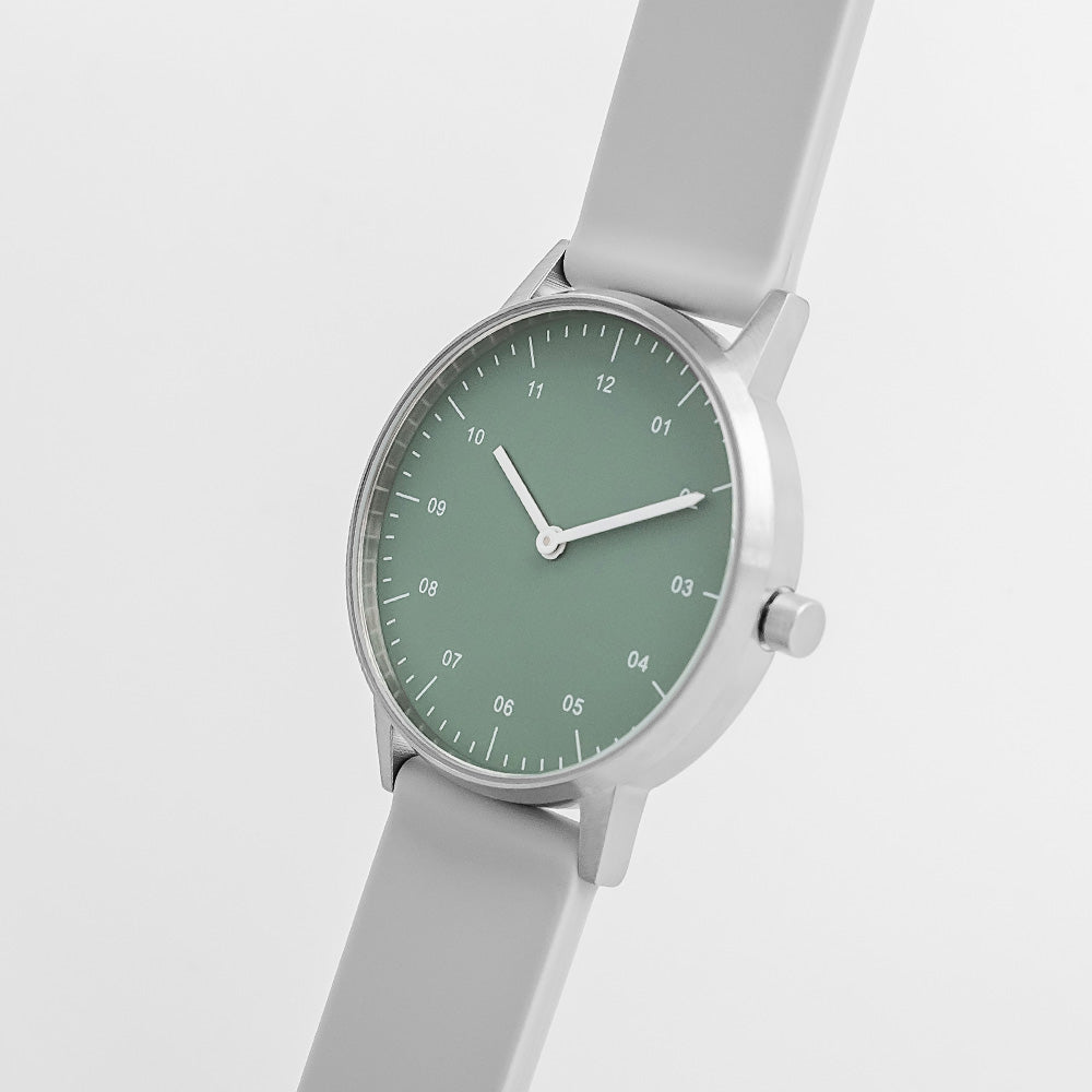 B40 Watch, Silver Case, Green Dial, Rubber Strap - Light Gray
