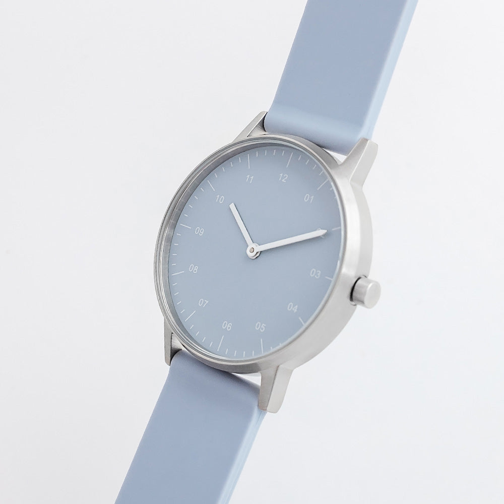 B40 Watch, Silver Case, Dusty Blue Dial, Rubber Strap - Dusty Blue