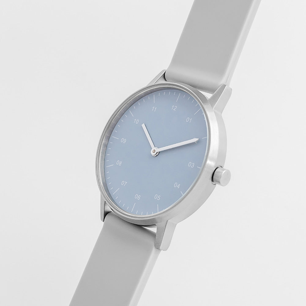 B40 Watch, Silver Case, Dusty Blue Dial, Rubber Strap - Light Gray