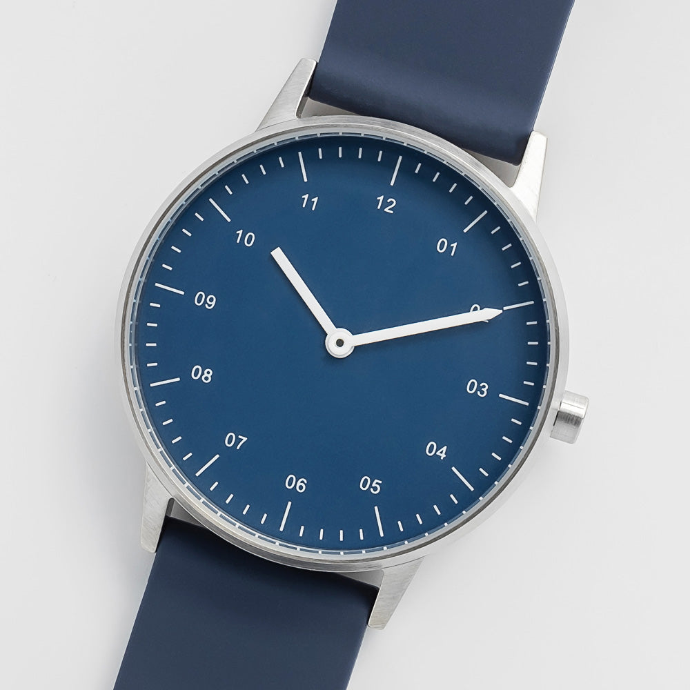 B40 Watch, Silver Case, Classic Blue Dial, Rubber Strap - Midnight Blue