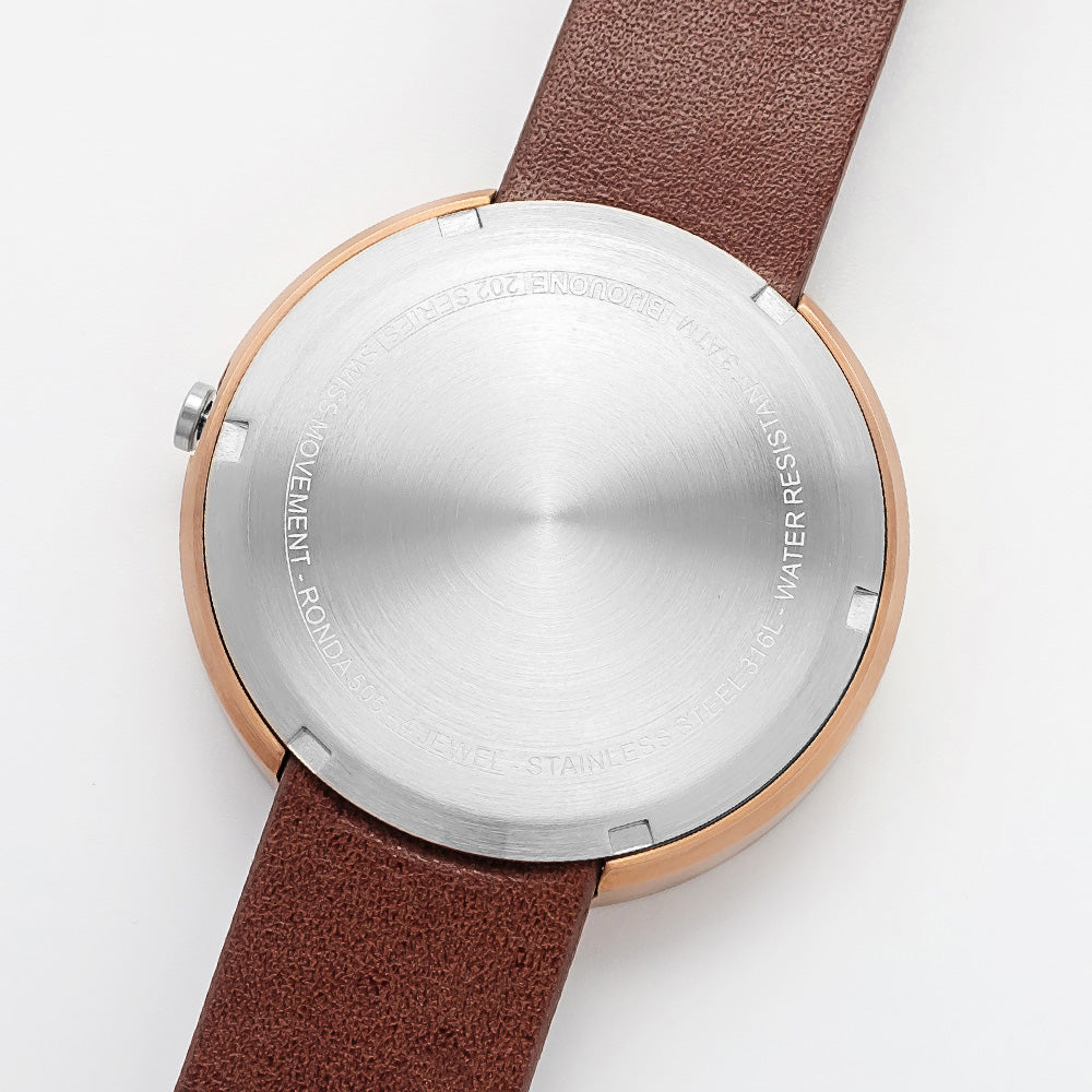 B202 Watch, Rose Gold Case, Off White Dial, Calendar, Leather Strap - Brown