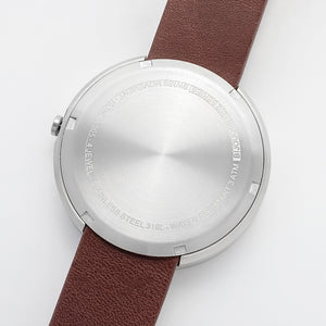 B202 Watch, Silver Case, White Dial, Calendar, Leather Strap - Brown - BIJOUONE