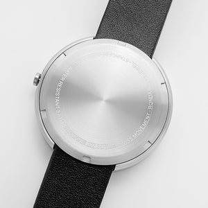 B202 Watch, Silver Case, White Dial, Calendar, Leather Strap - Black - BIJOUONE