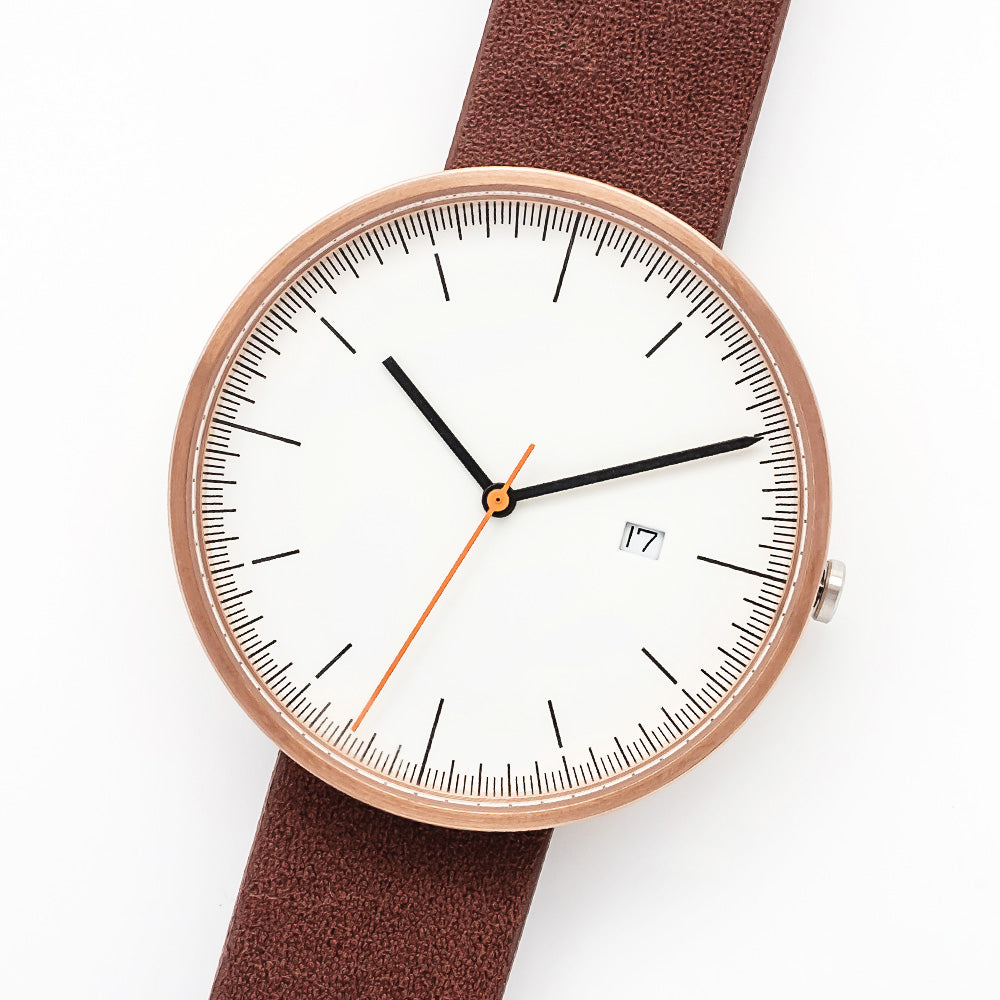 B202 Watch, Rose Gold Case, Off White Dial, Calendar, Leather Strap - Brown