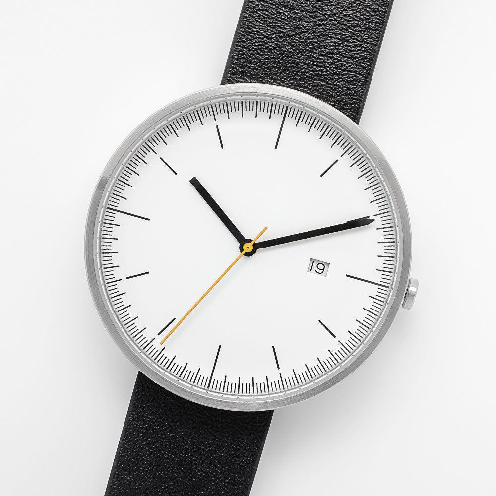 B202 Watch, Silver Case, White Dial, Calendar, Leather Strap - Black