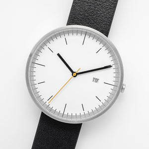 B202 Watch, Silver Case, White Dial, Calendar, Leather Strap - Black - BIJOUONE