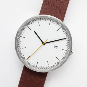B202 Watch, Silver Case, White Dial, Calendar, Leather Strap - Brown - BIJOUONE