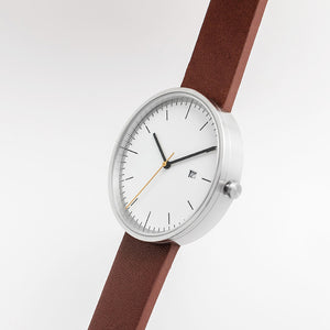 B202 Watch, Silver Case, White Dial, Calendar, Leather Strap - Brown - BIJOUONE