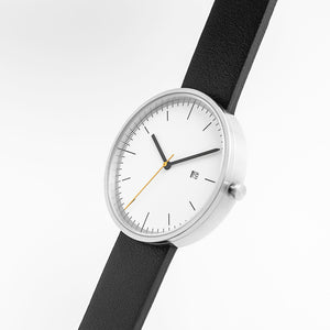 B202 Watch, Silver Case, White Dial, Calendar, Leather Strap - Black - BIJOUONE