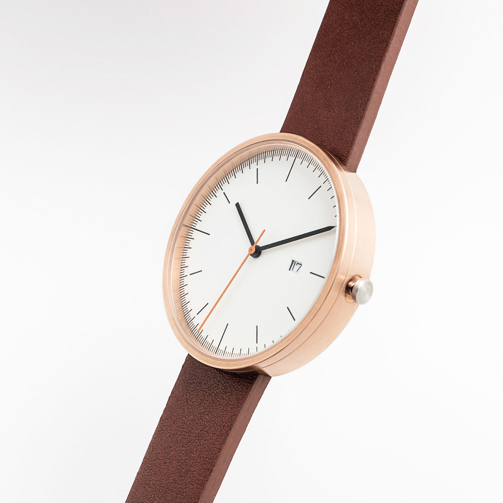 B202 Watch, Rose Gold Case, Off White Dial, Calendar, Leather Strap - Brown