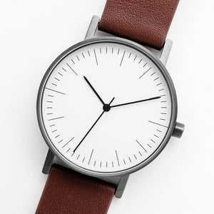B001 Watch, Gunmetal Case, White Dial, Leather Strap - Coffee - BIJOUONE