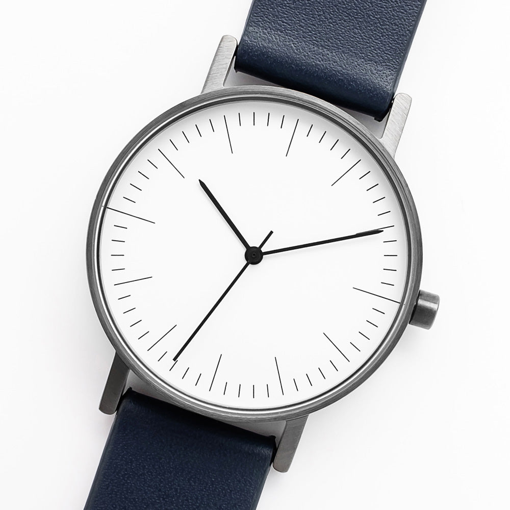 B001 Watch, Gunmetal Case, White Dial, Leather Strap - Navy