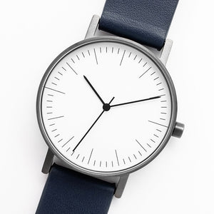B001 Watch, Gunmetal Case, White Dial, Leather Strap - Navy - BIJOUONE