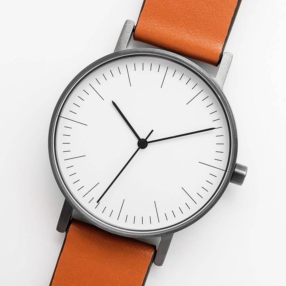 B001 Watch, Gunmetal Case, White Dial, Leather Strap - Tan