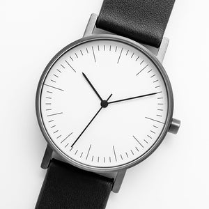 B001 Watch, Gunmetal Case, White Dial, Leather Strap - Black - BIJOUONE