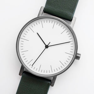 B001 Watch, Gunmetal Case, White Dial, Leather Strap - Green