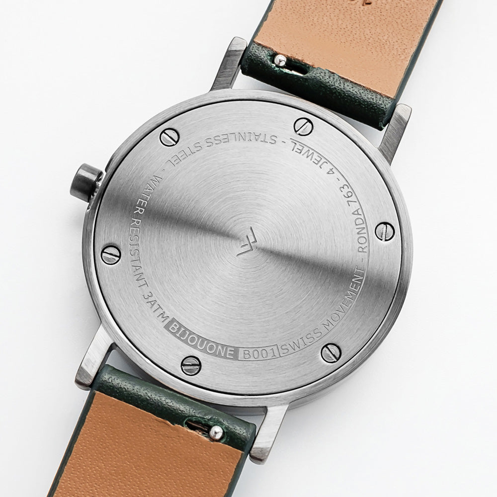 B001 Watch, Gunmetal Case, White Dial, Leather Strap - Green