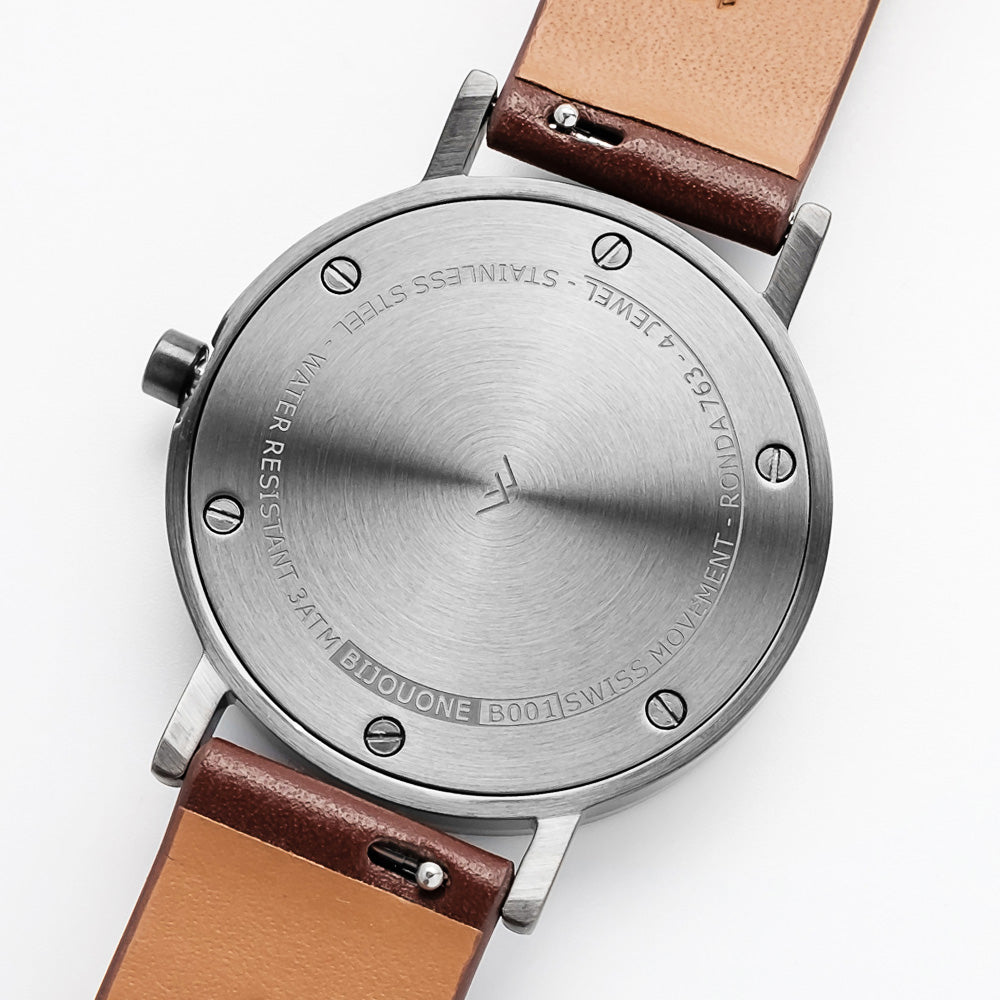 B001 Watch, Gunmetal Case, White Dial, Leather Strap - Coffee