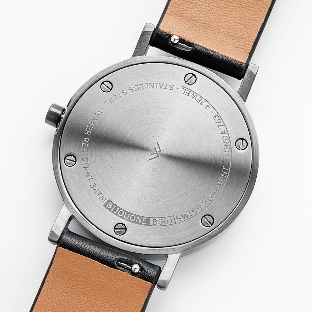 B001 Watch, Gunmetal Case, White Dial, Leather Strap - Black