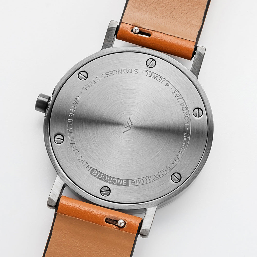B001 Watch, Gunmetal Case, White Dial, Leather Strap - Tan