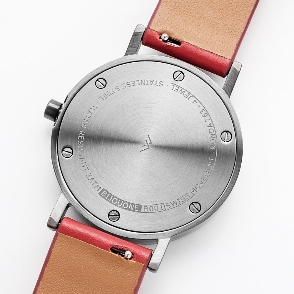 B001 Watch, Gunmetal Case, White Dial, Leather Strap - Red