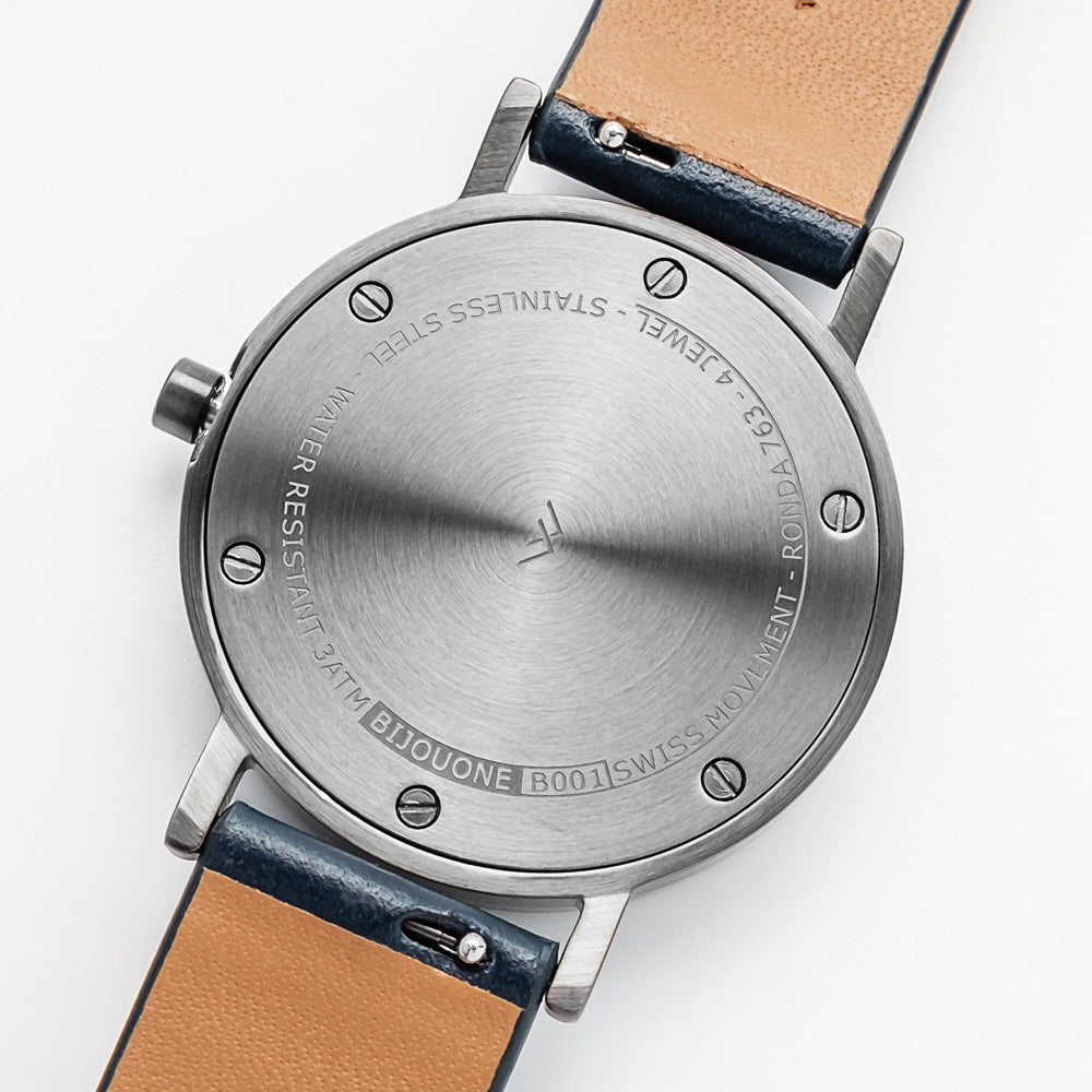 B001 Watch, Gunmetal Case, White Dial, Leather Strap - Navy