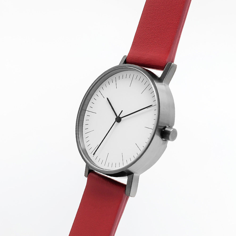 B001 Watch, Gunmetal Case, White Dial, Leather Strap - Red