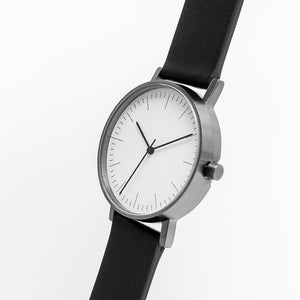 B001 Watch, Gunmetal Case, White Dial, Leather Strap - Black - BIJOUONE