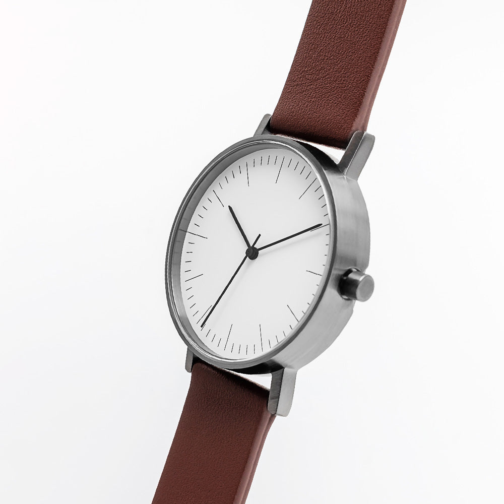 B001 Watch, Gunmetal Case, White Dial, Leather Strap - Coffee