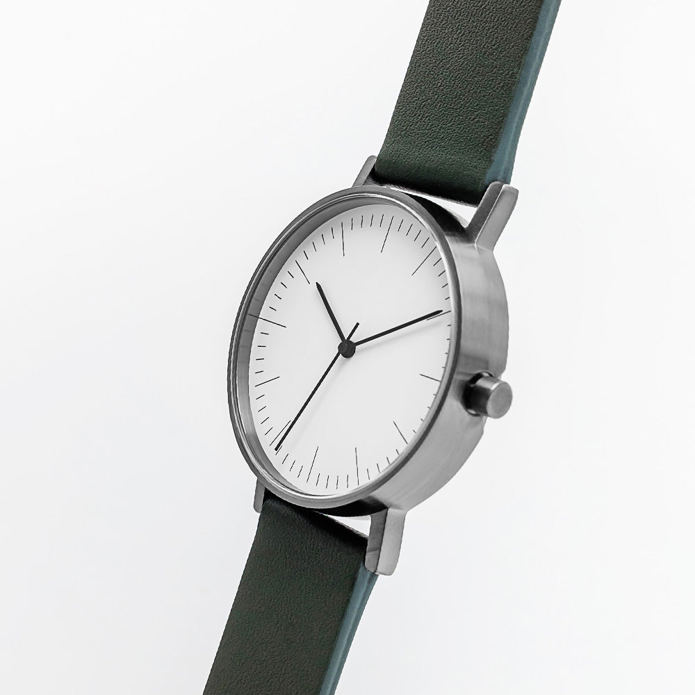 B001 Watch, Gunmetal Case, White Dial, Leather Strap - Green