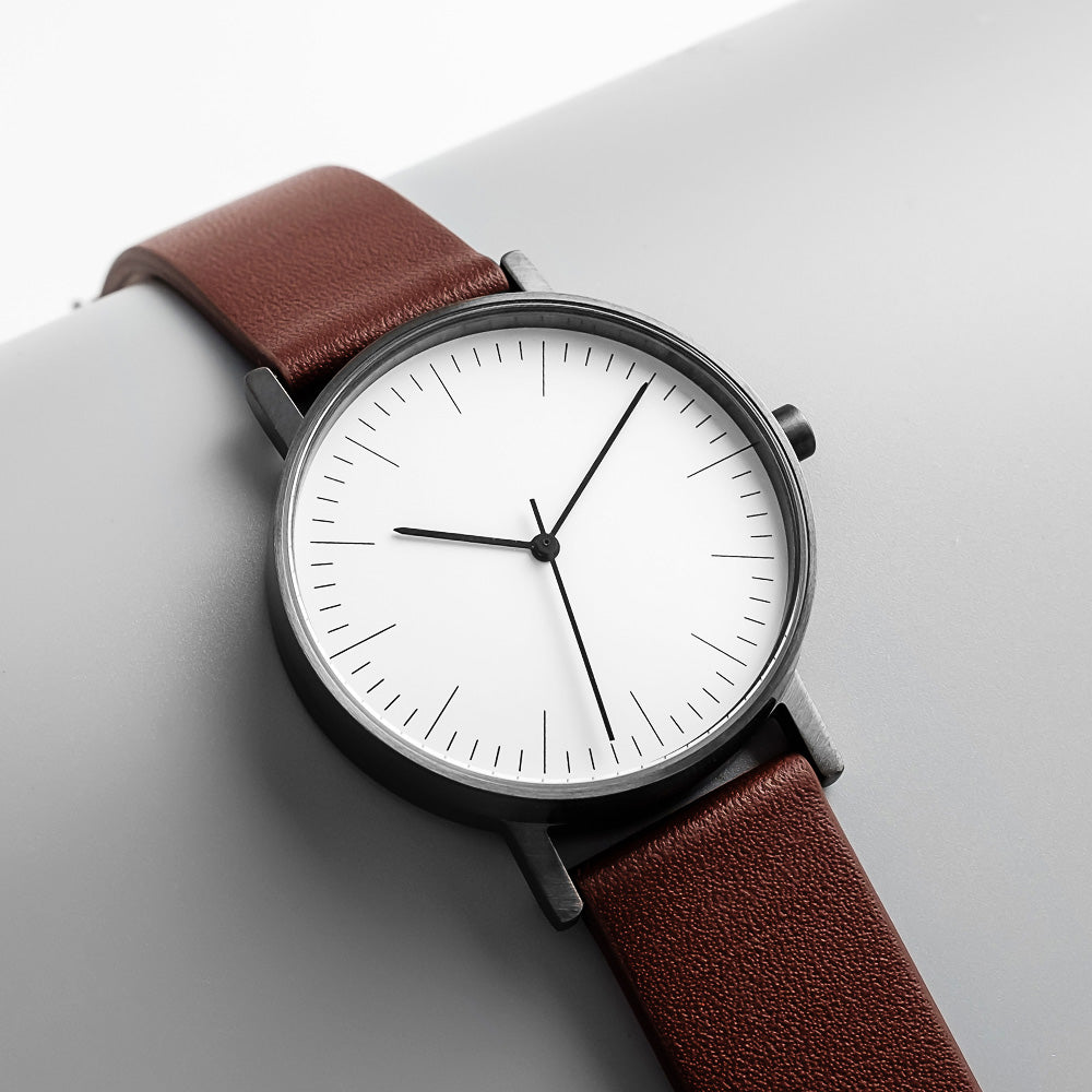 B001 Watch, Gunmetal Case, White Dial, Leather Strap - Coffee - BIJOUONE