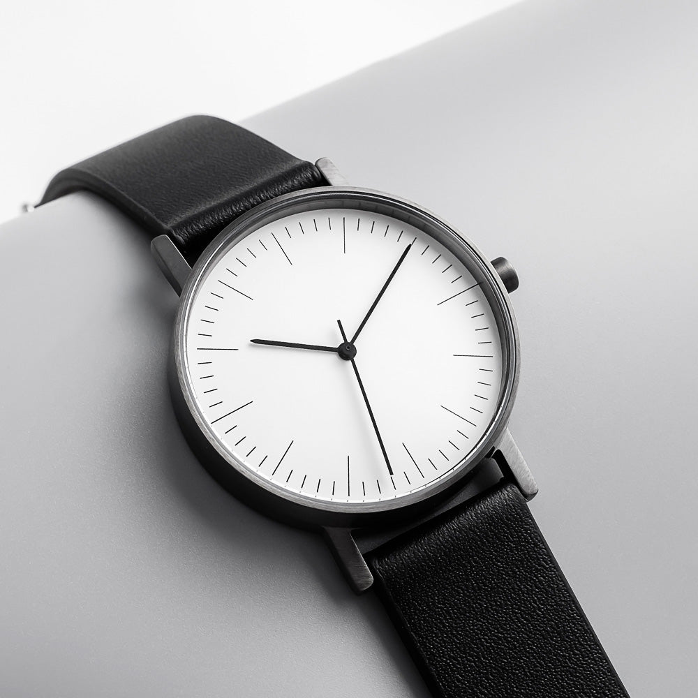 B001 Watch, Gunmetal Case, White Dial, Leather Strap - Black - BIJOUONE