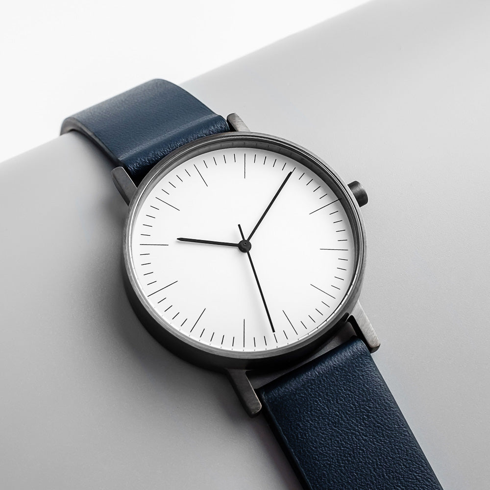 B001 Watch, Gunmetal Case, White Dial, Leather Strap - Navy - BIJOUONE