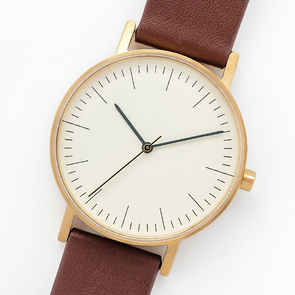 B001 Watch, Gold Case, Off White Dial, Leather Strap - Coffee