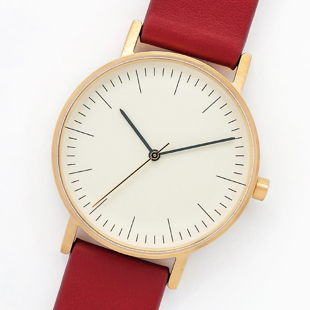 B001 Watch, Gold Case, Off White Dial, Leather Strap - Red