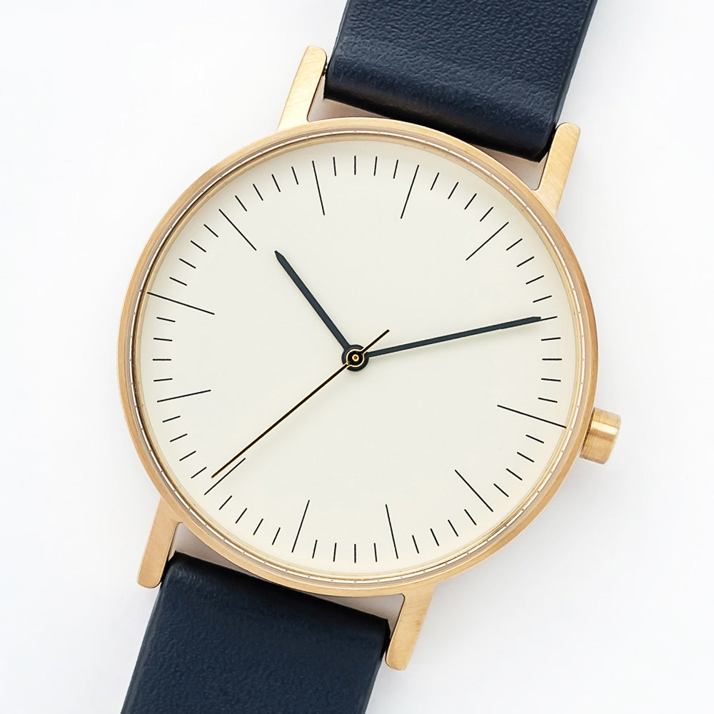 B001 Watch, Gold Case, Off White Dial, Leather Strap - Navy