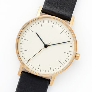 B001 Watch, Gold Case, Off White Dial, Leather Strap - Black - BIJOUONE