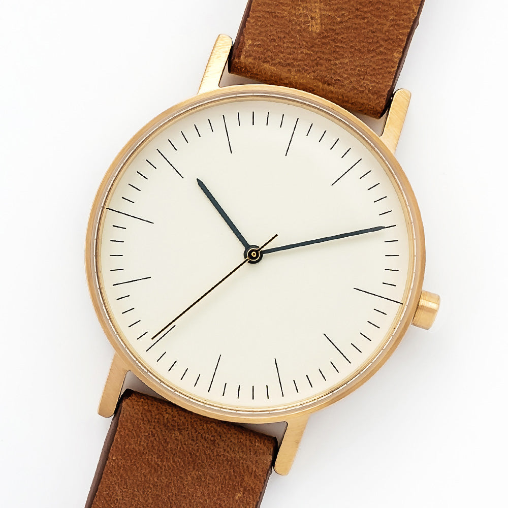 B001 Watch, Gold Case, Off White Dial, Leather Strap - Brown Suede
