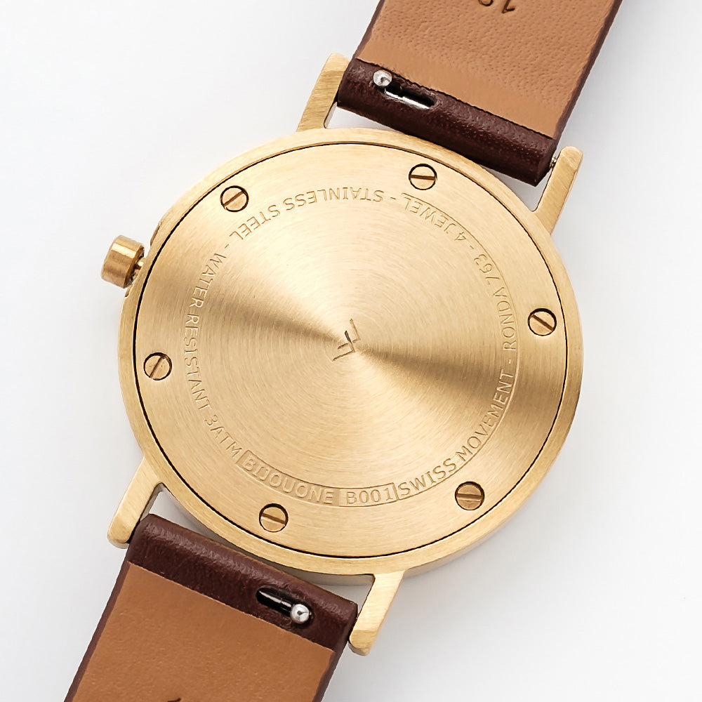 B001 Watch, Gold Case, Off White Dial, Leather Strap - Coffee