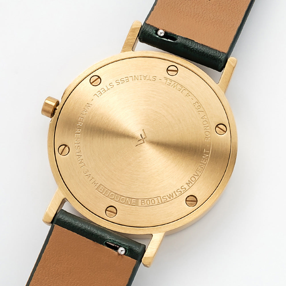 B001 Watch, Gold Case, Off White Dial, Leather Strap - Green